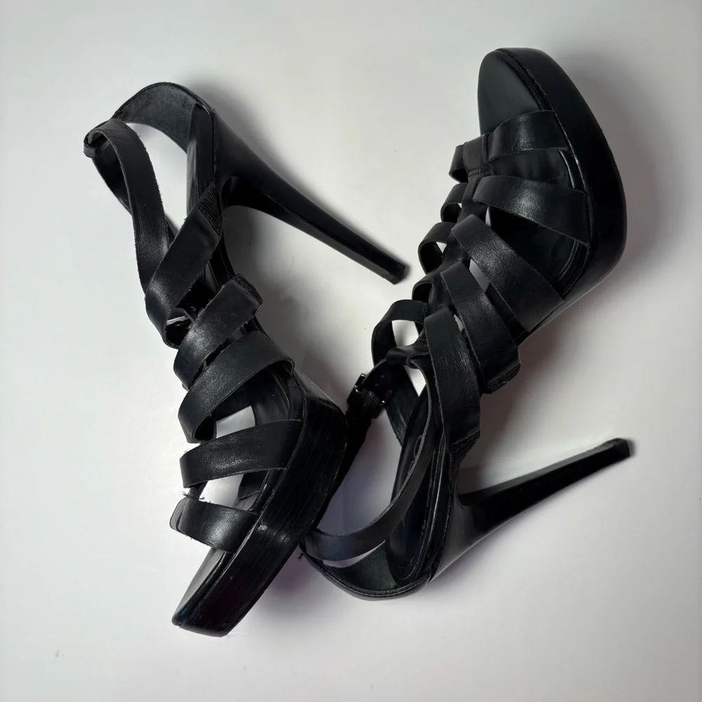 Aldo strappy preppy black stiletto leather heels sz 8